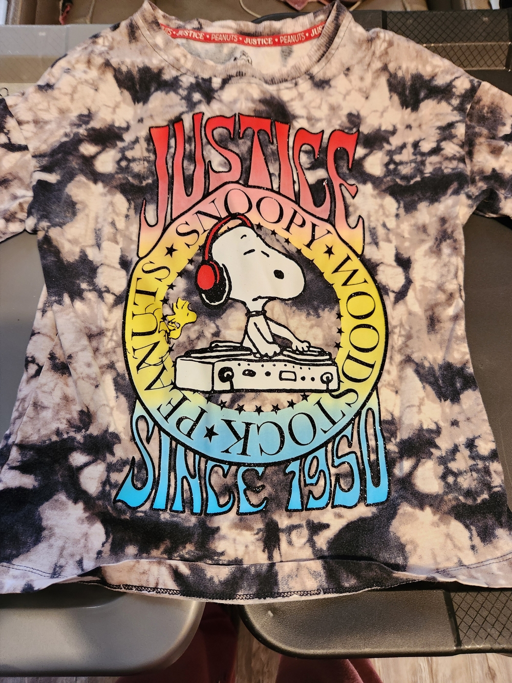 Justice Tie-Dye Snoopy Graphic Tee - Black, White & Multicolor Print